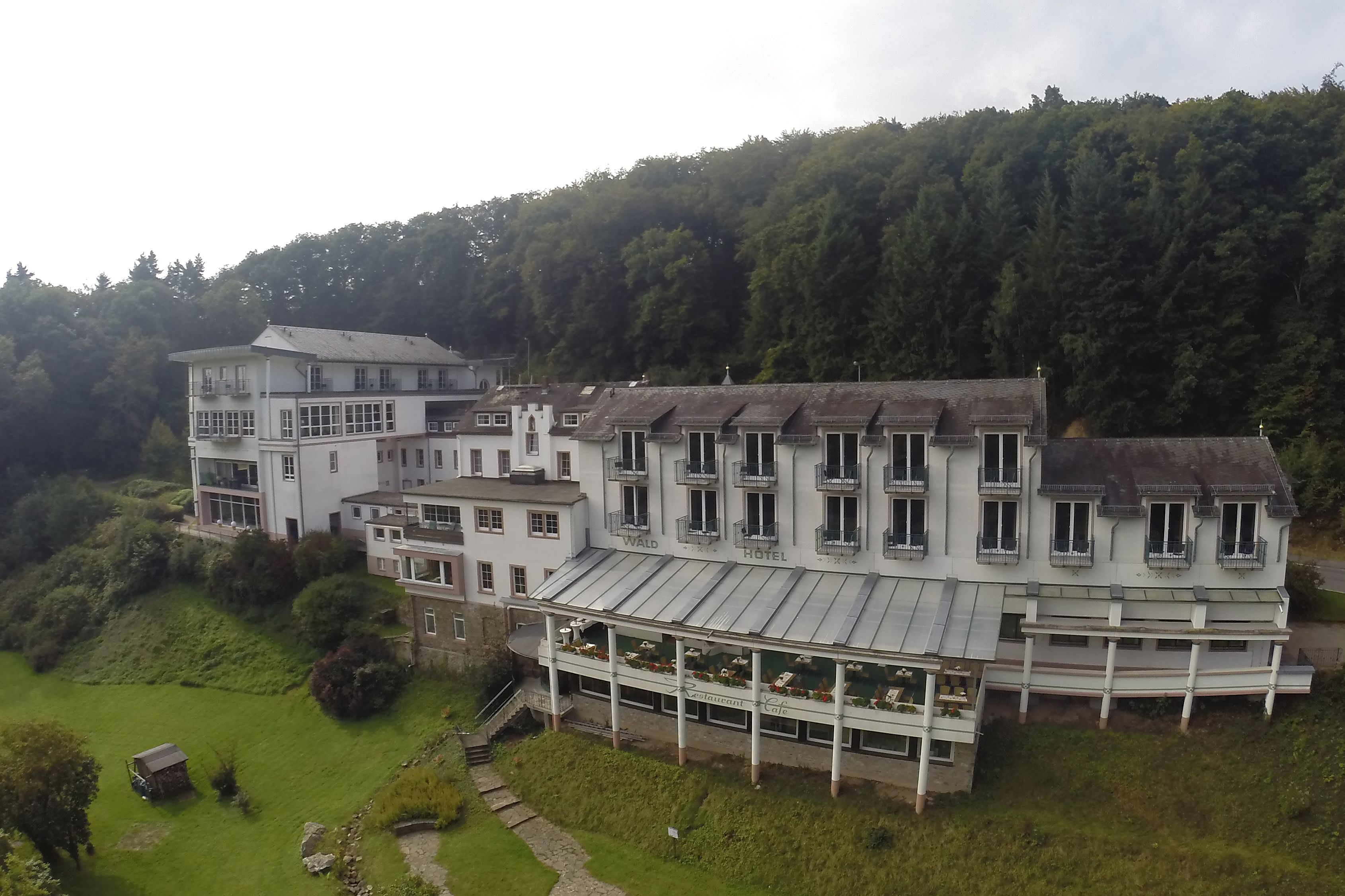 Een groot, meerhoog hotel met een opvallend balkon, gelegen op een helling met een bos op de achtergrond.