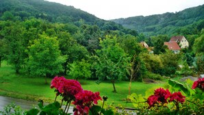 A rural landscape with lush greenery, a river, and a house with a red roof.