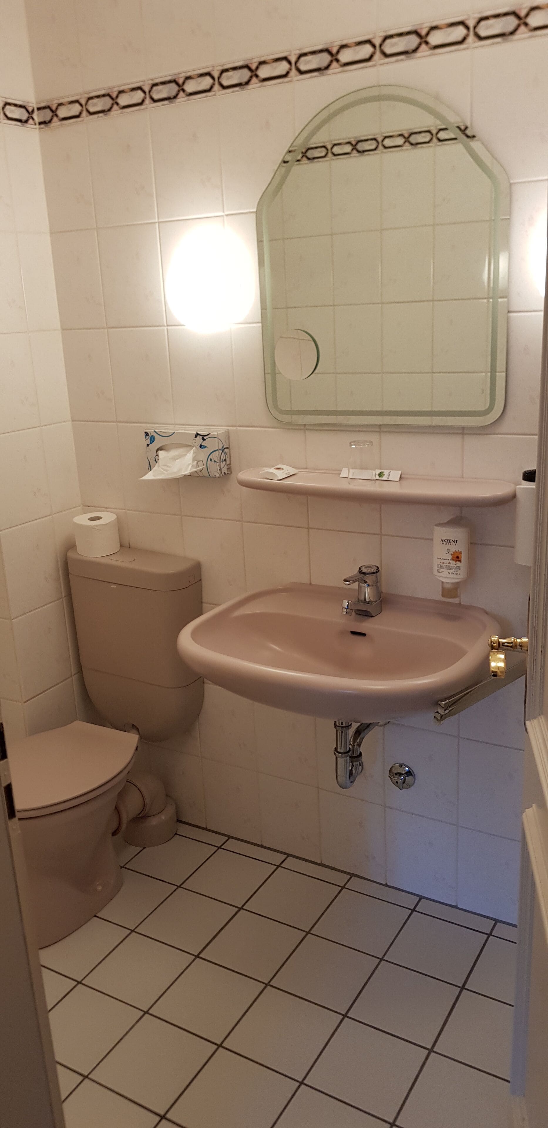 A bathroom with a toilet, sink, and mirror.