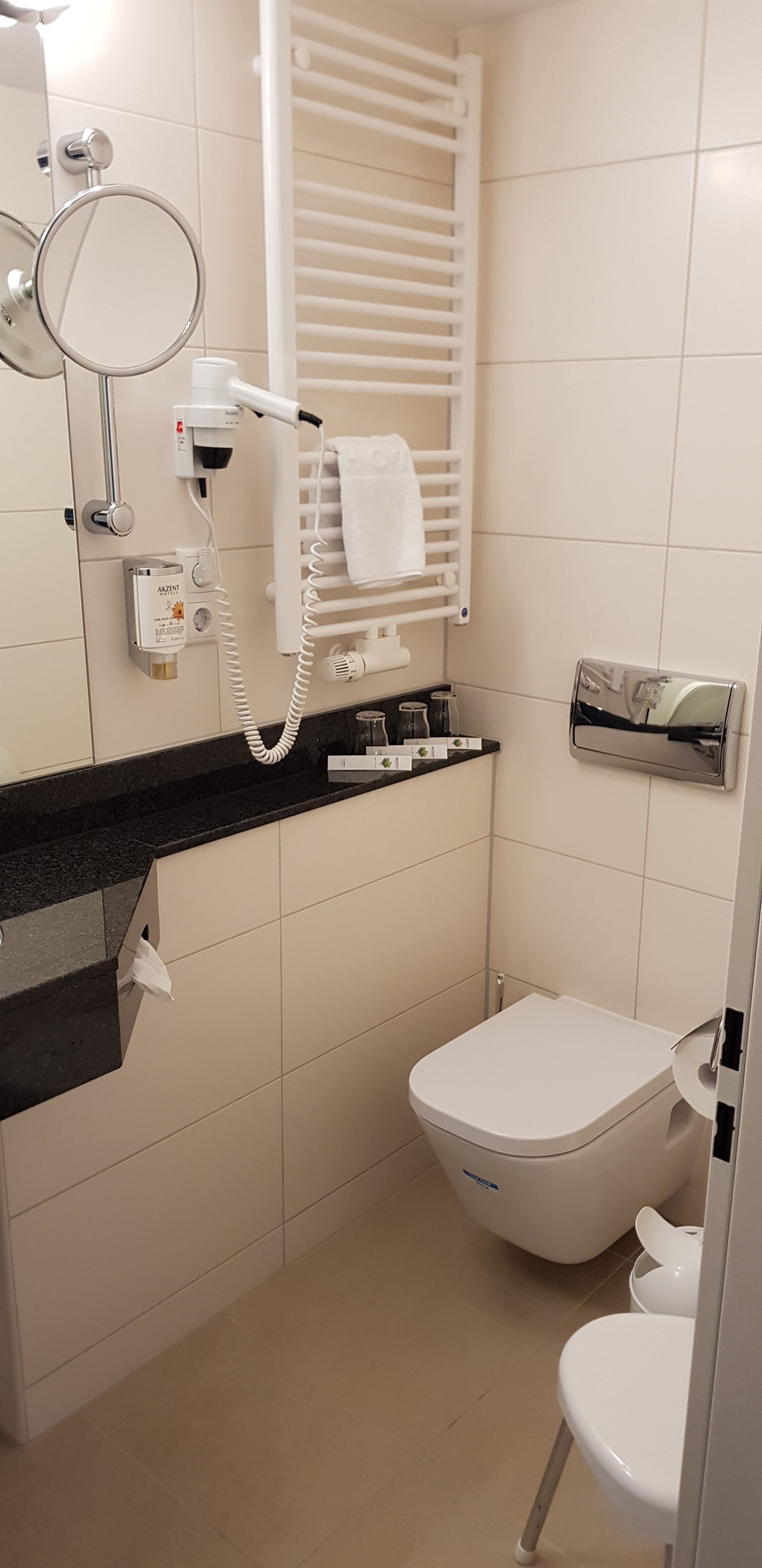 Een kleine badkamer met toilet, handdoekrek, föhn en spiegel.