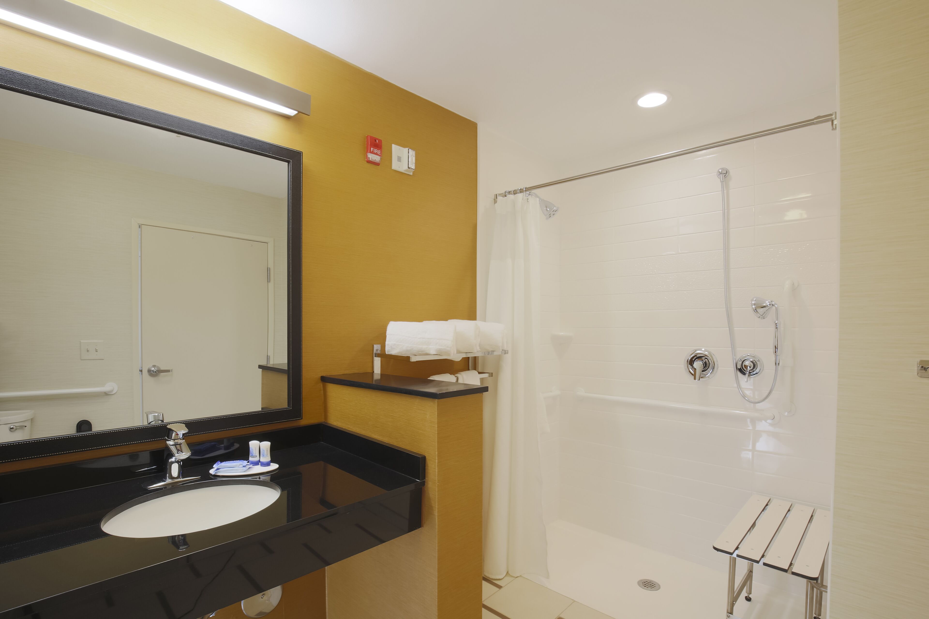 room, 1 king bed (mobility/hearing access, roll-in shwr) | bathroom | combined shower/bathtub, free toiletries, hair dryer, towels