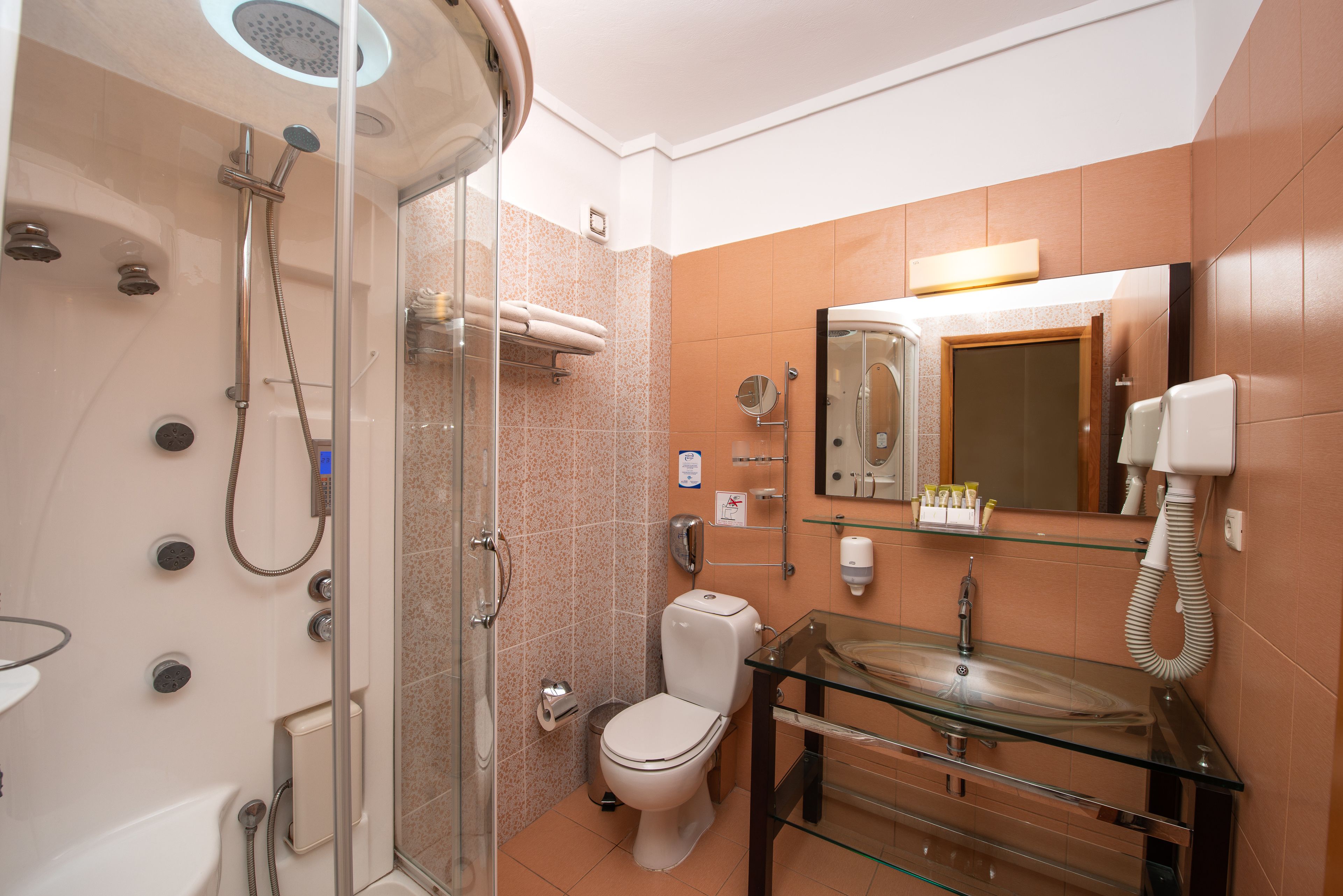 Un baño con ducha de vidrio, inodoro y lavamanos de vidrio con espejo arriba.