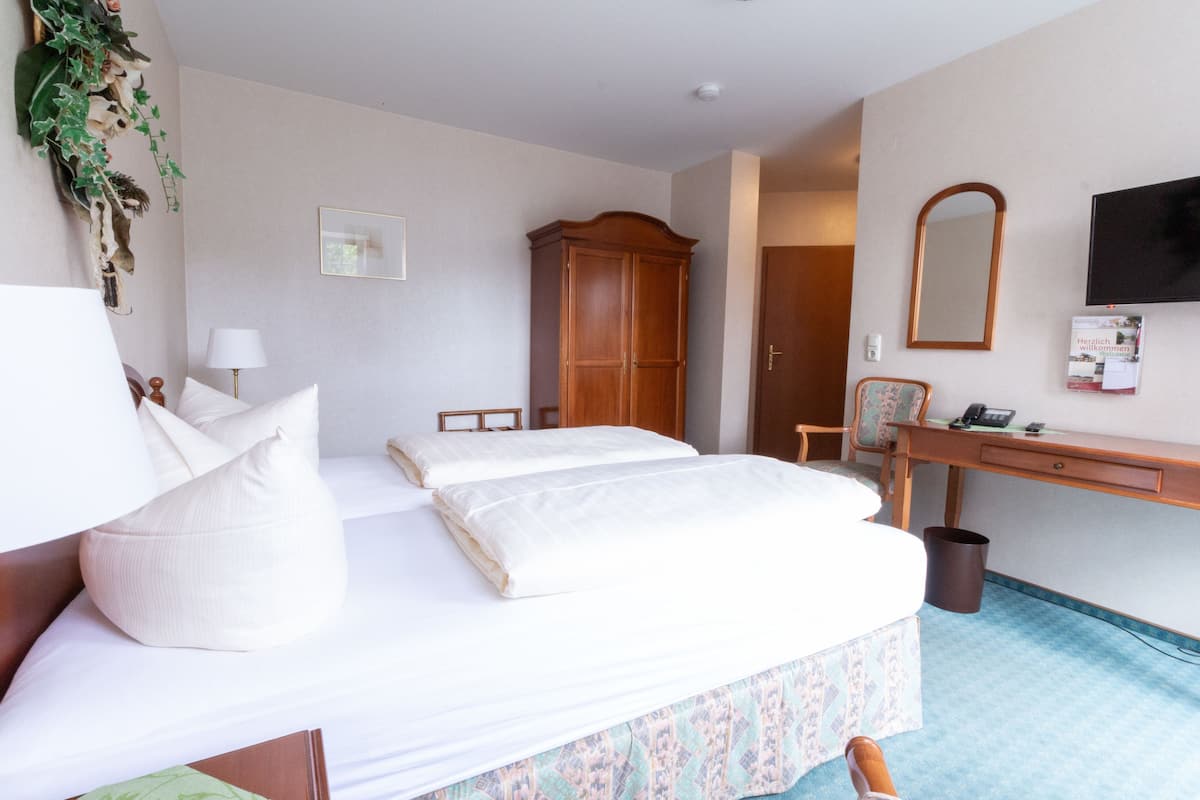 A hotel room with a bed, a desk, a chair, a mirror, and a television.