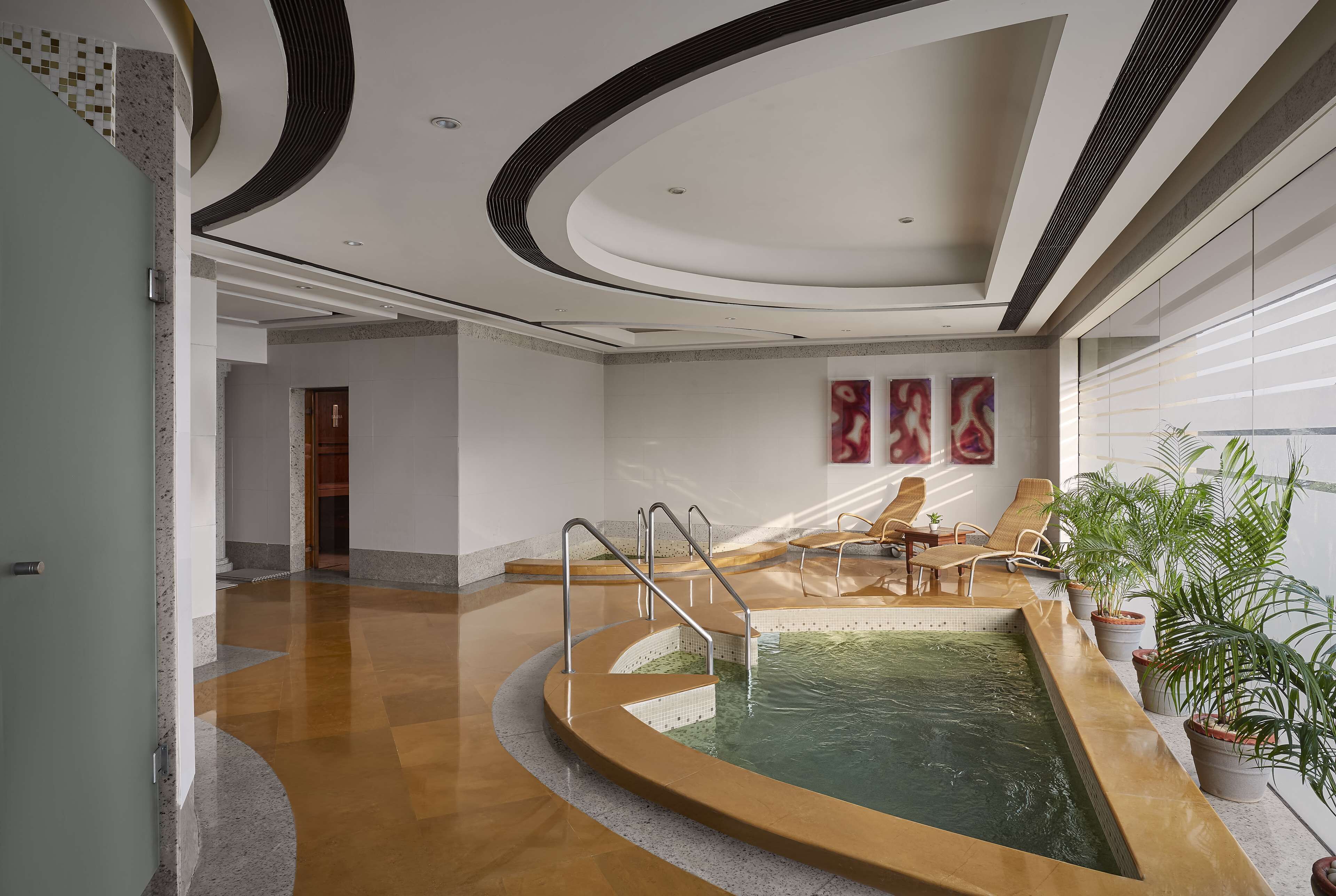 Una piscina interior moderna de diseño curvo, rodeada de sillones de descanso y plantas en macetas.