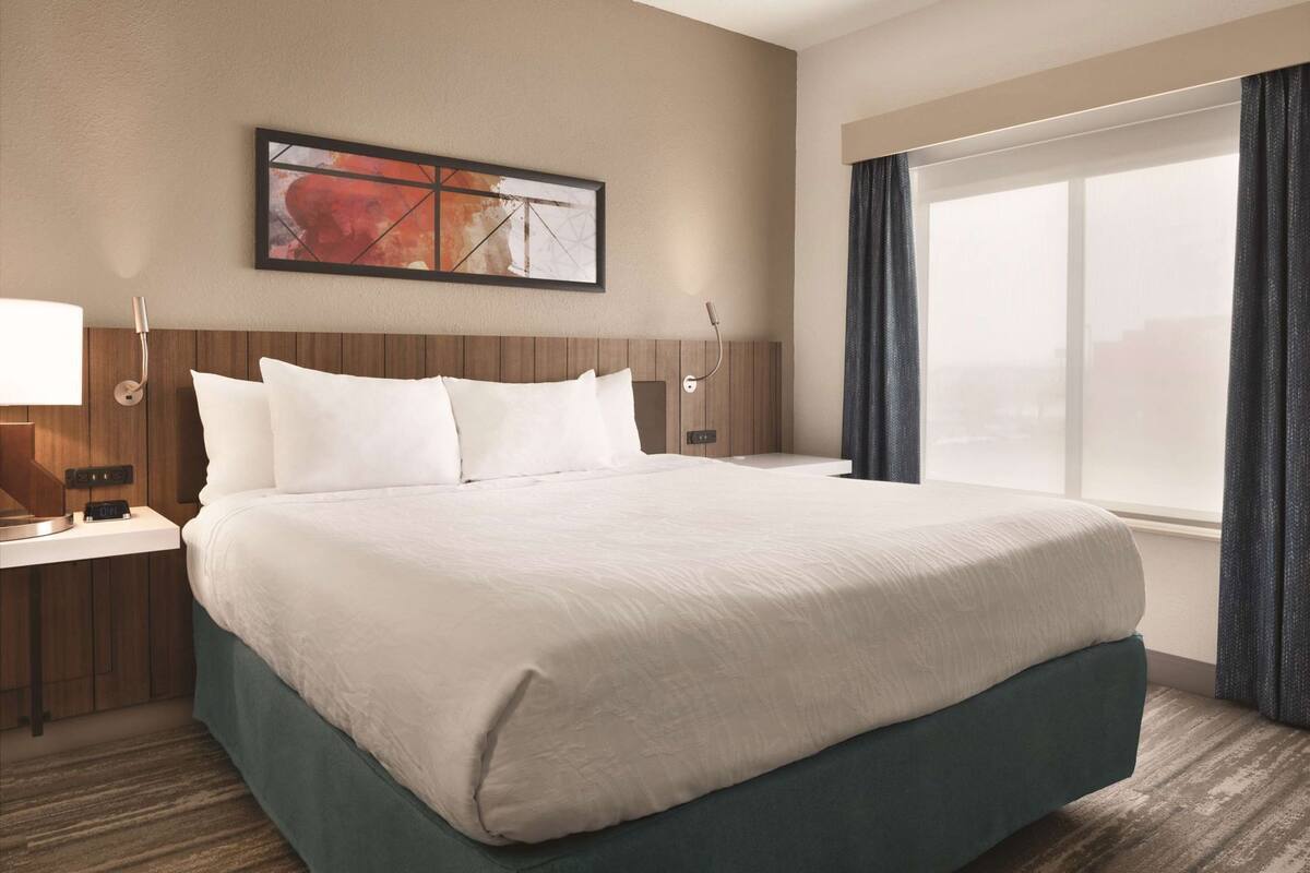 A hotel room with a large bed, a nightstand, a wall-mounted lamp, a painting, and a window with curtains.