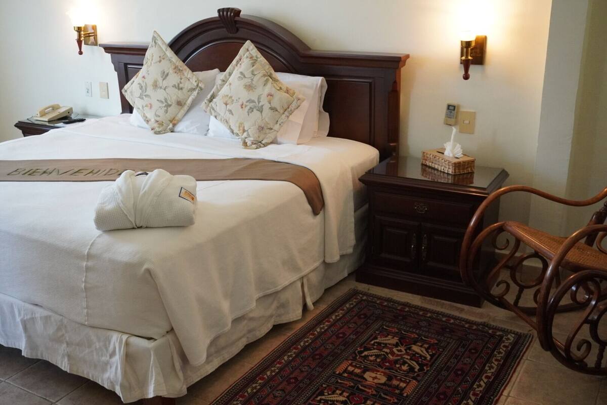 Quarto de hotel com uma cama grande, duas almofadas, mesa de cabeceira com abajur, uma cadeira e um tapete.