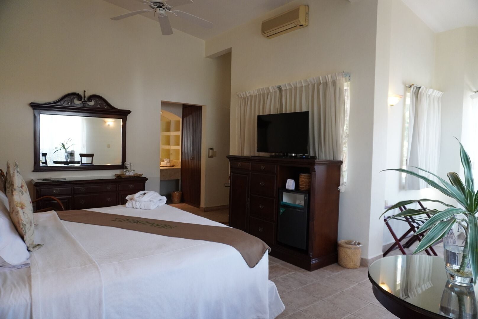 Una habitación de hotel con una cama, un tocador, un televisor y una planta.