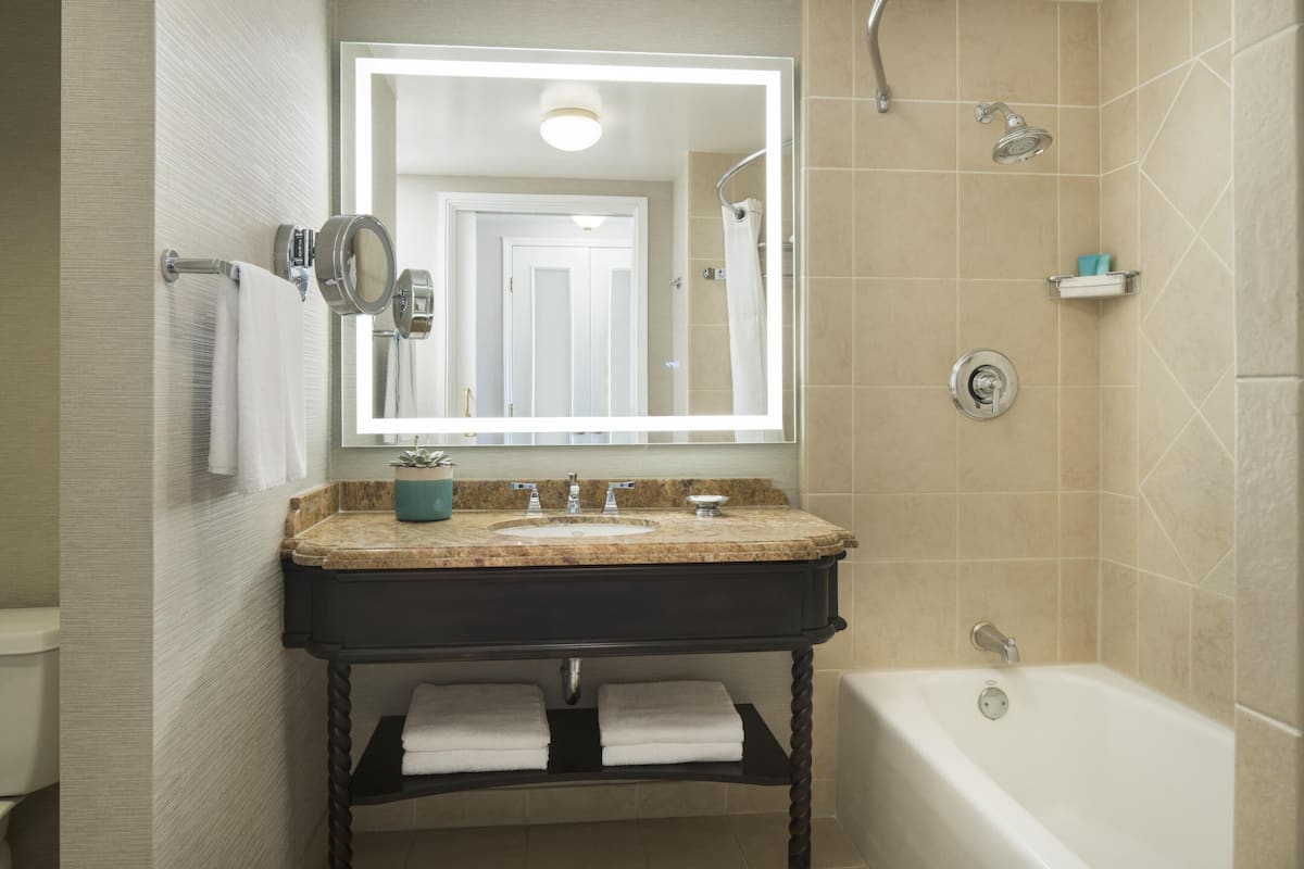 A bathroom with a double sink vanity, a large mirror, a bathtub, and a shower.