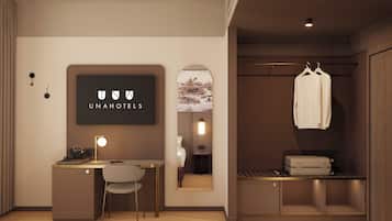 Brankas, meja kerja, ruang kerja ramah laptop, dan tirai kedap cahaya