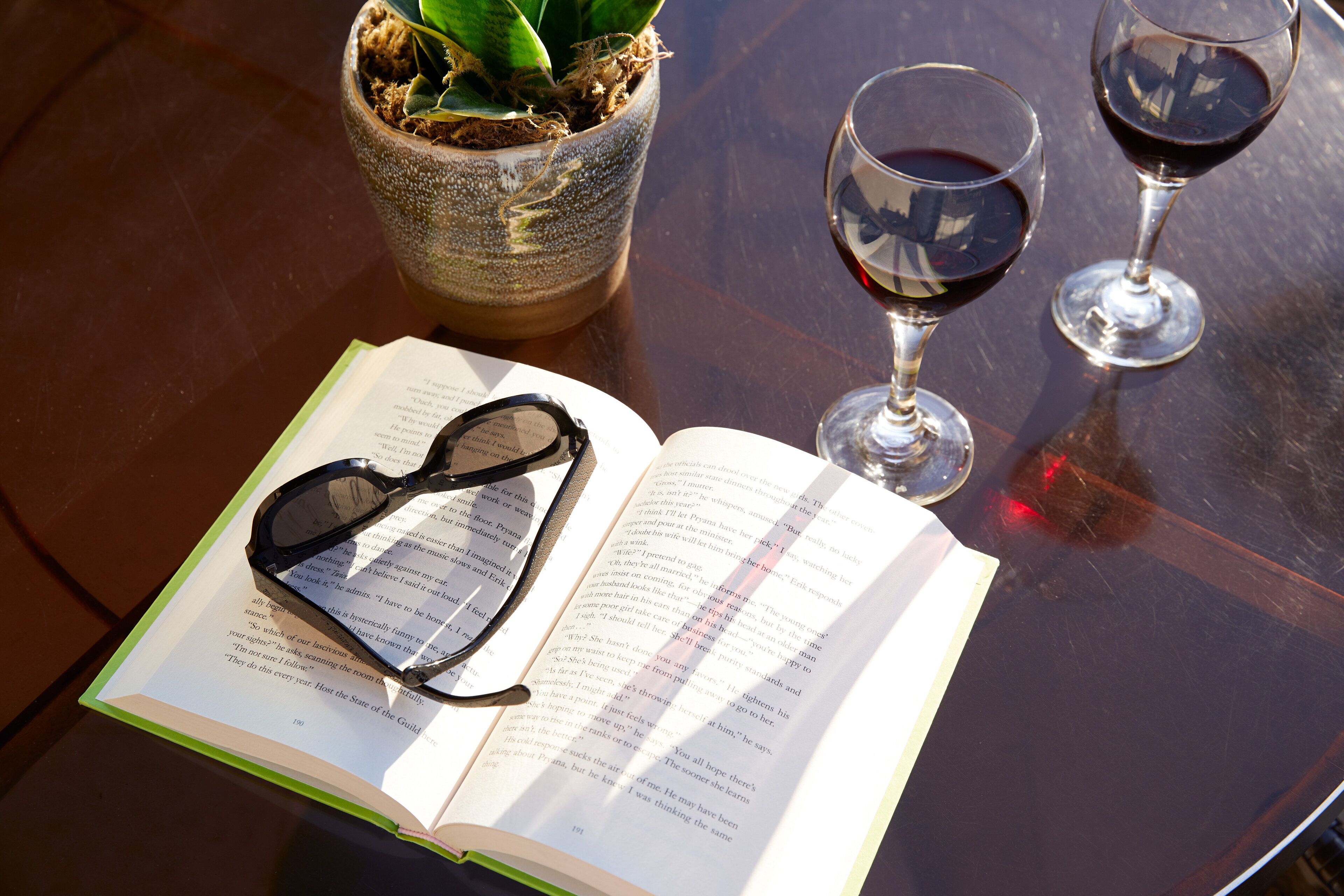 Un libro abierto con gafas encima, dos copas de vino con líquido rojo y una planta en maceta sobre una mesa.