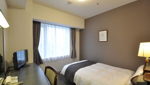 Una habitación de hotel con cama, escritorio, silla y televisor.