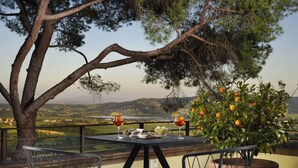 Una mesa con dos sillas, una planta en maceta con naranjas y una vista panorámica de un valle.
