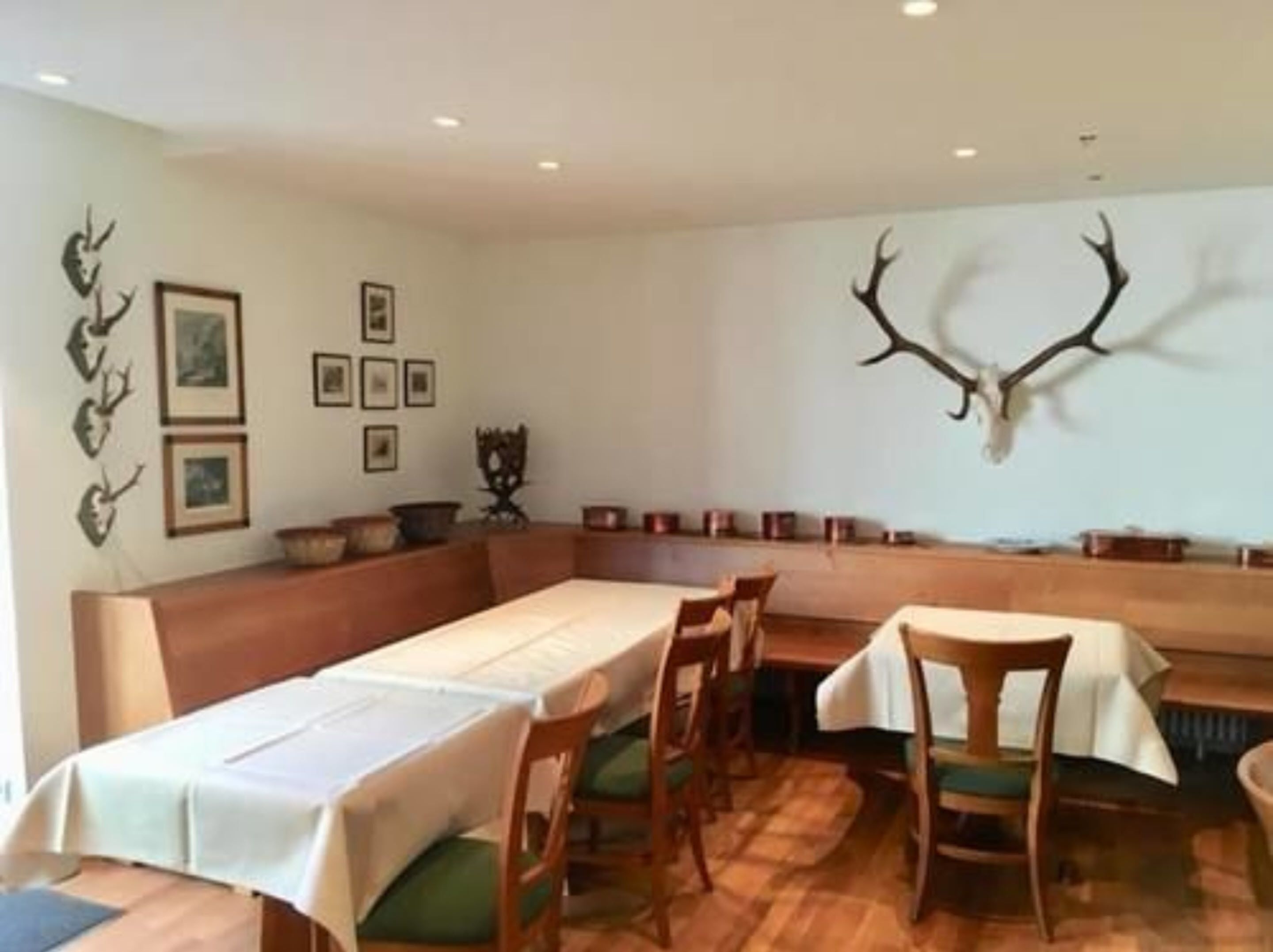 A dining area with wooden benches and tables, a wall-mounted deer head, and framed pictures on the wall.