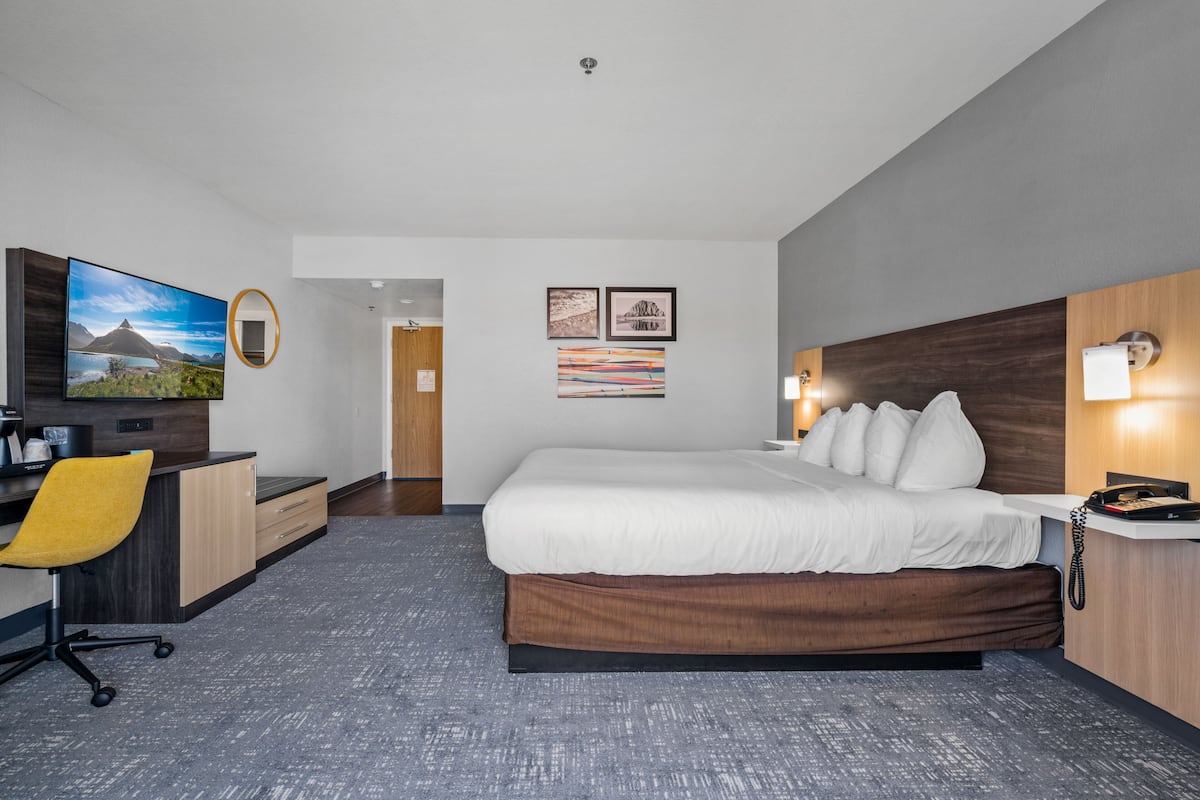 A hotel room with a bed, desk, chair, and a television.