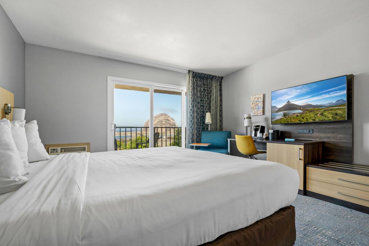 A hotel room with a large bed, a desk, a chair, a television, and a view of the outdoors.