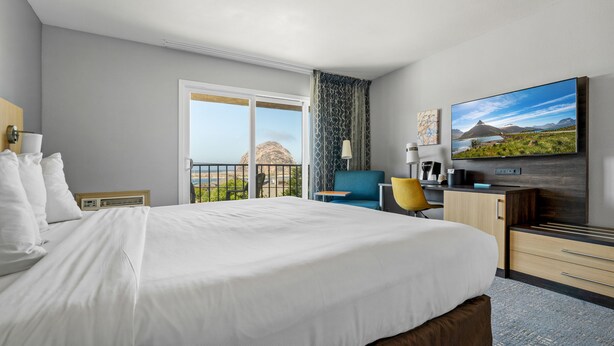 Habitación de hotel con una cama grande, escritorio, silla, televisión y vista al exterior.