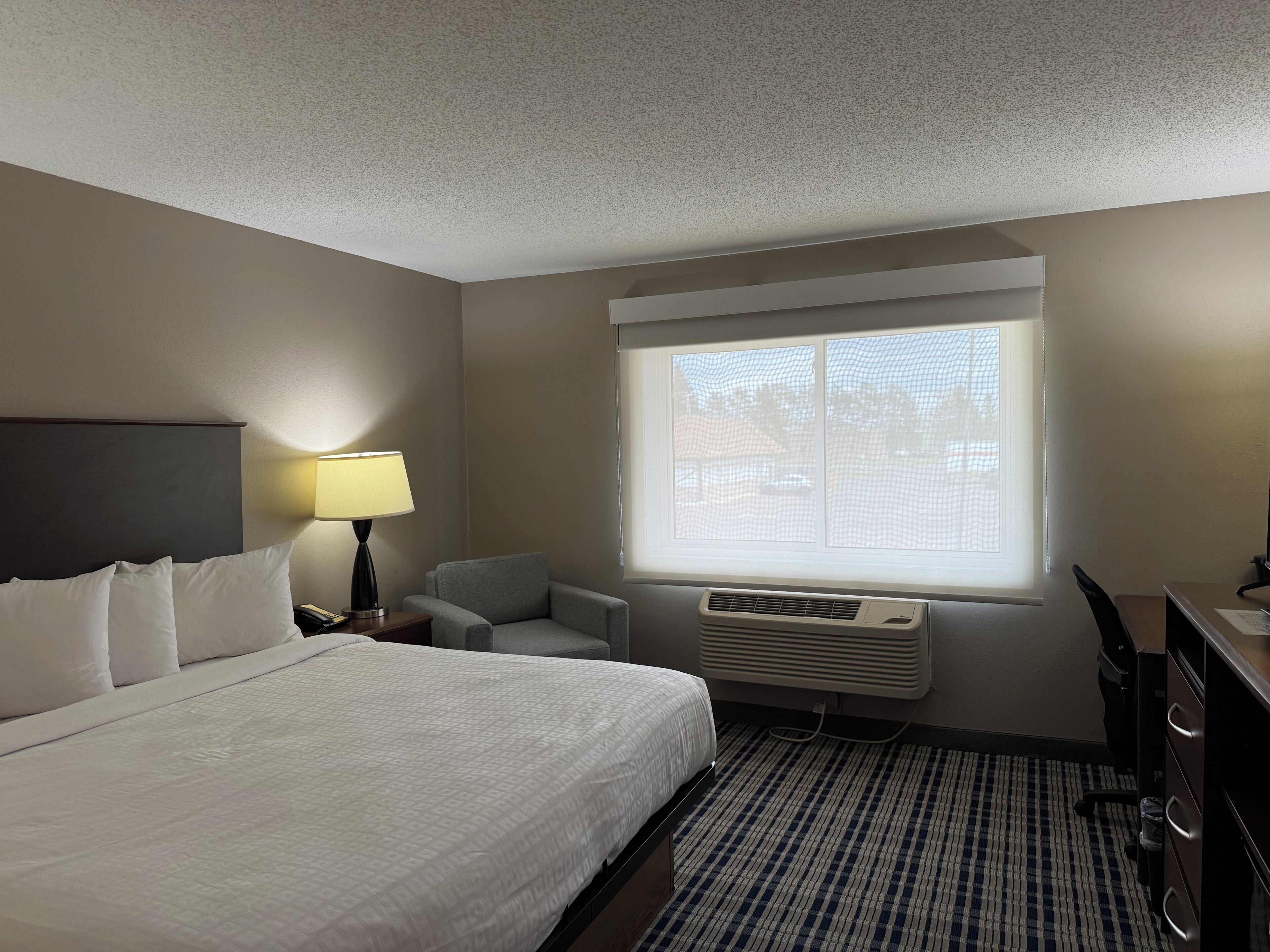 Habitación de hotel con cama, escritorio, silla, lámpara y ventana con vistas.
