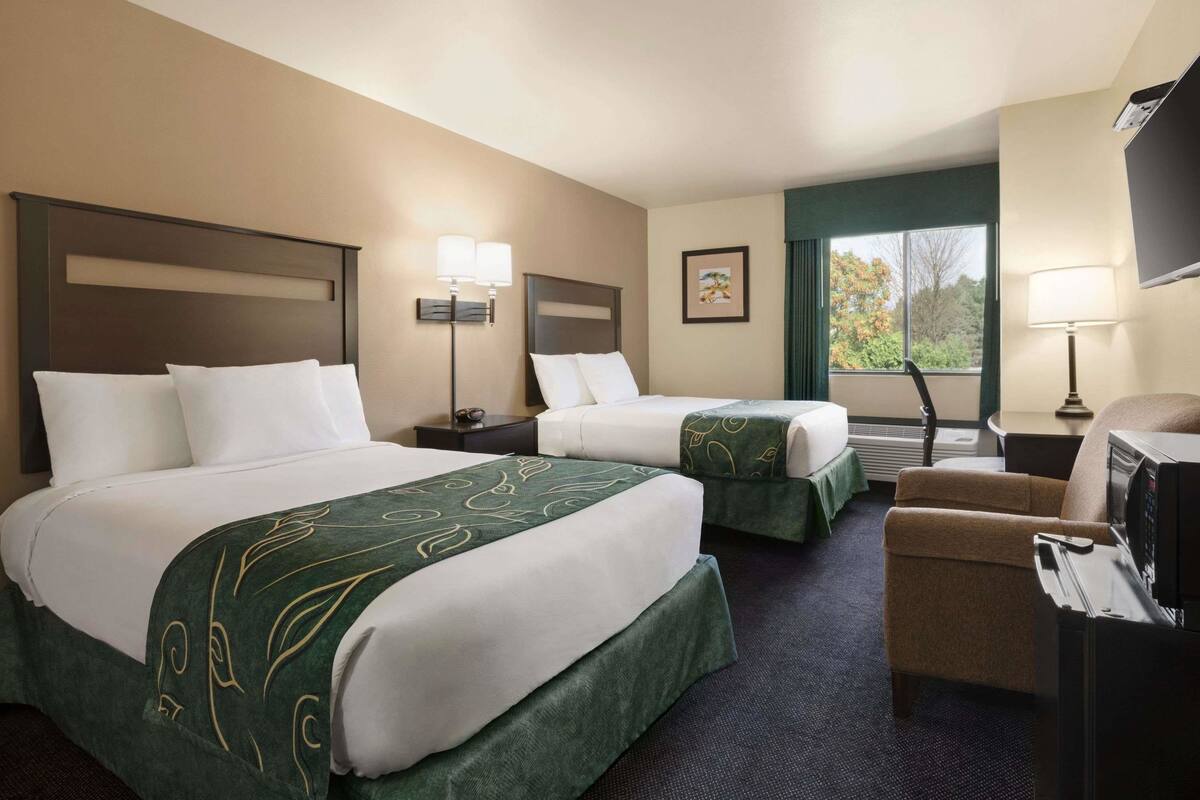 Une chambre d’hôtel avec deux lits, un bureau, une chaise, une télévision et une fenêtre donnant sur des arbres.