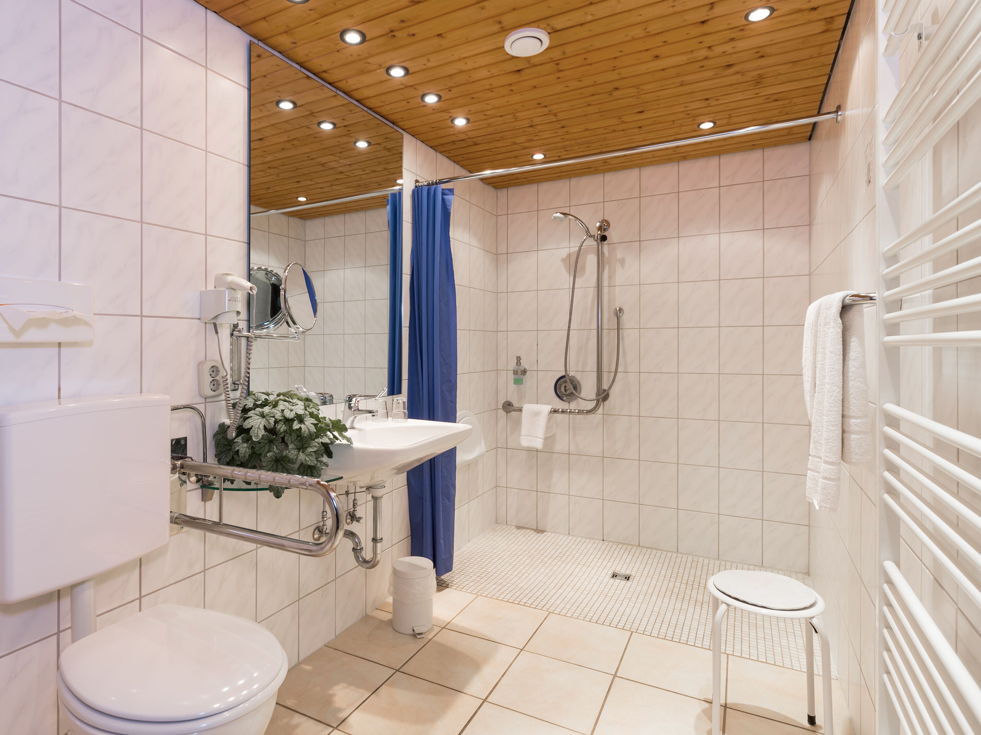 standard double room | bathroom | shower, hair dryer, towels