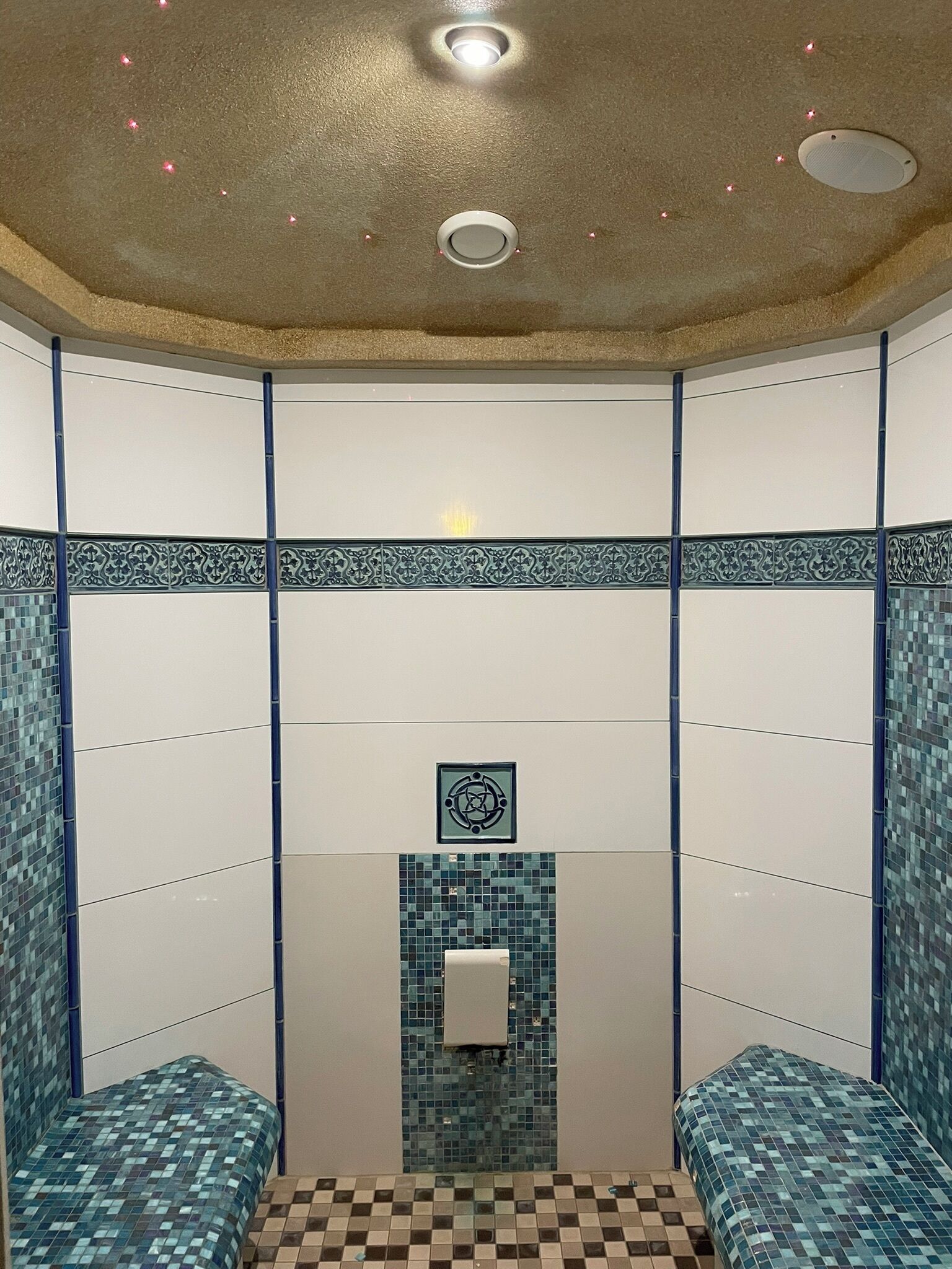 A bathroom with a checkered floor, a tiled wall with a decorative pattern, a sink with a soap dispenser, and a ceiling with recessed lighting.