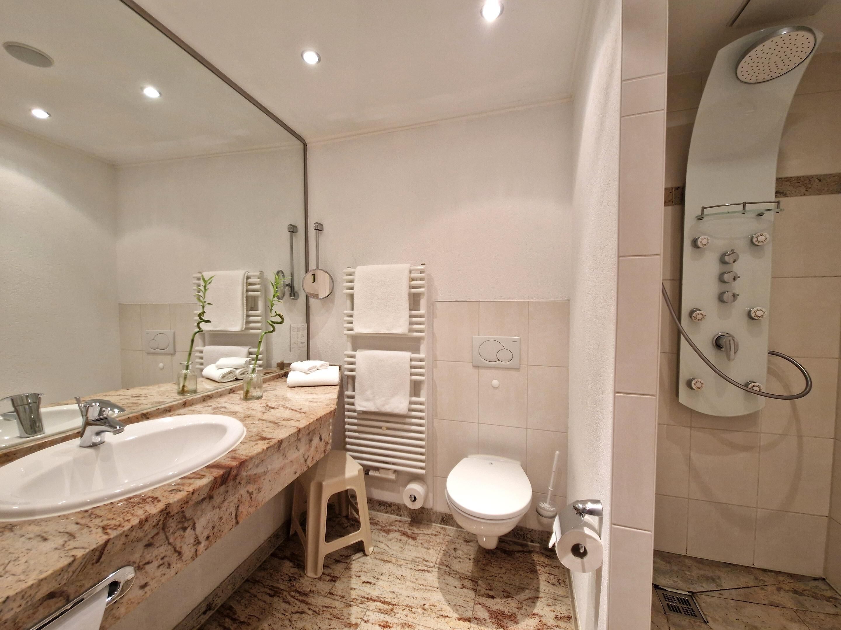 Un baño moderno con lavabo de mármol, inodoro, ducha y espejo.