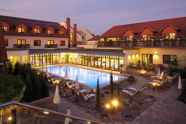 Indoor pool, outdoor pool, pool loungers