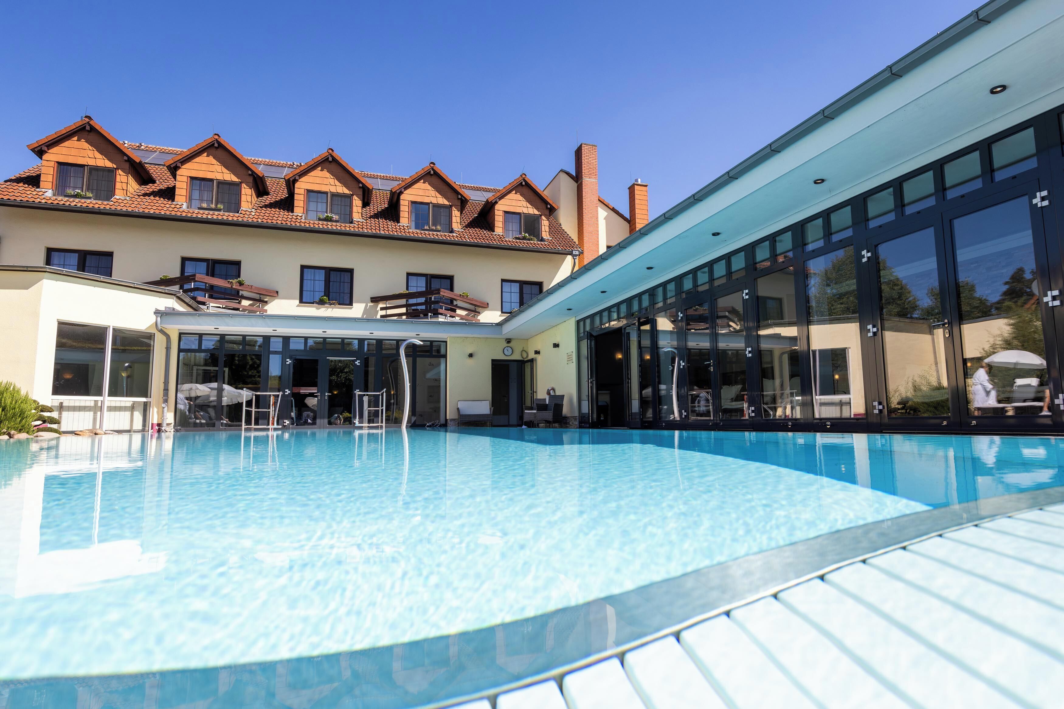 Indoor pool, outdoor pool, pool loungers