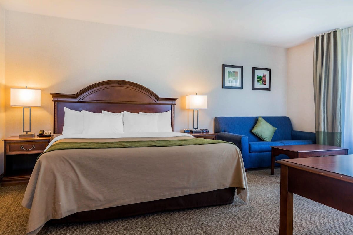 Ein Hotelzimmer mit einem großen Bett, zwei Nachttischen mit Lampen, einem blauen Sofa und einem kleinen Holztisch.