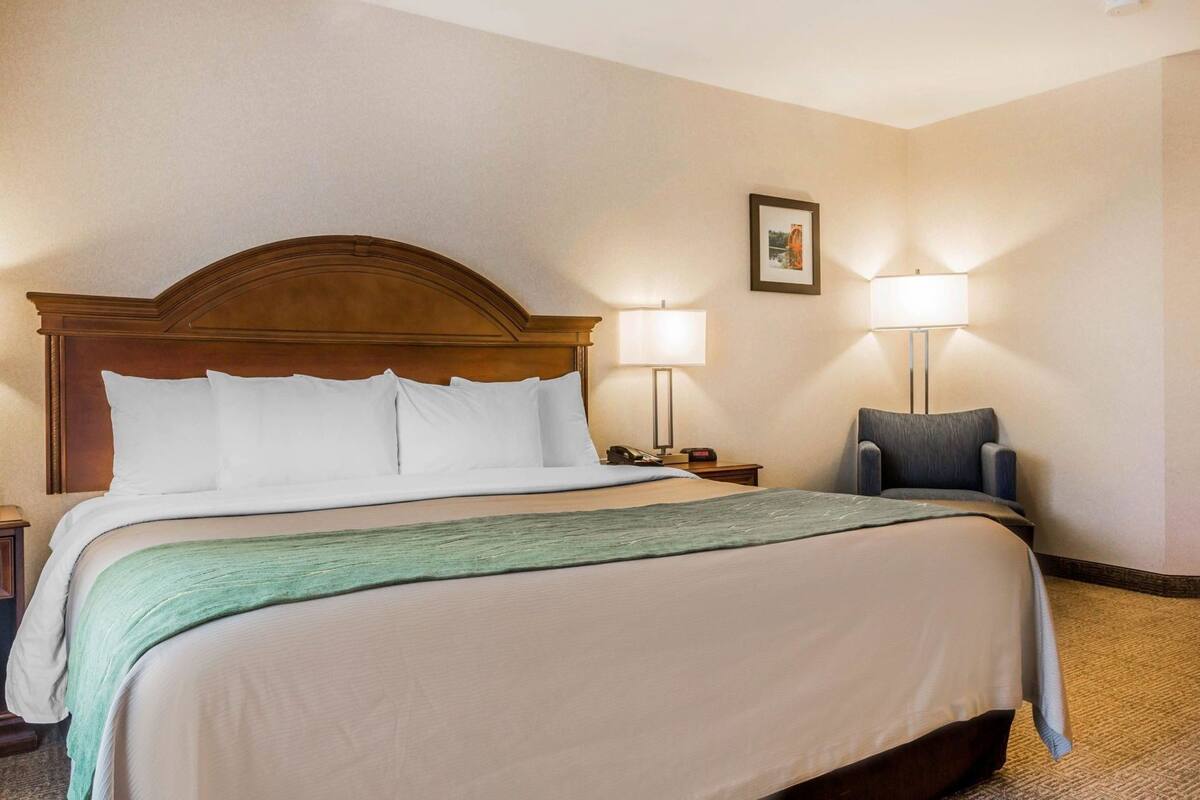 A hotel room with a large bed, two bedside lamps, a chair, and a framed picture on the wall.
