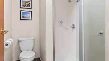 Un baño con inodoro, ducha y dos cuadros en la pared.