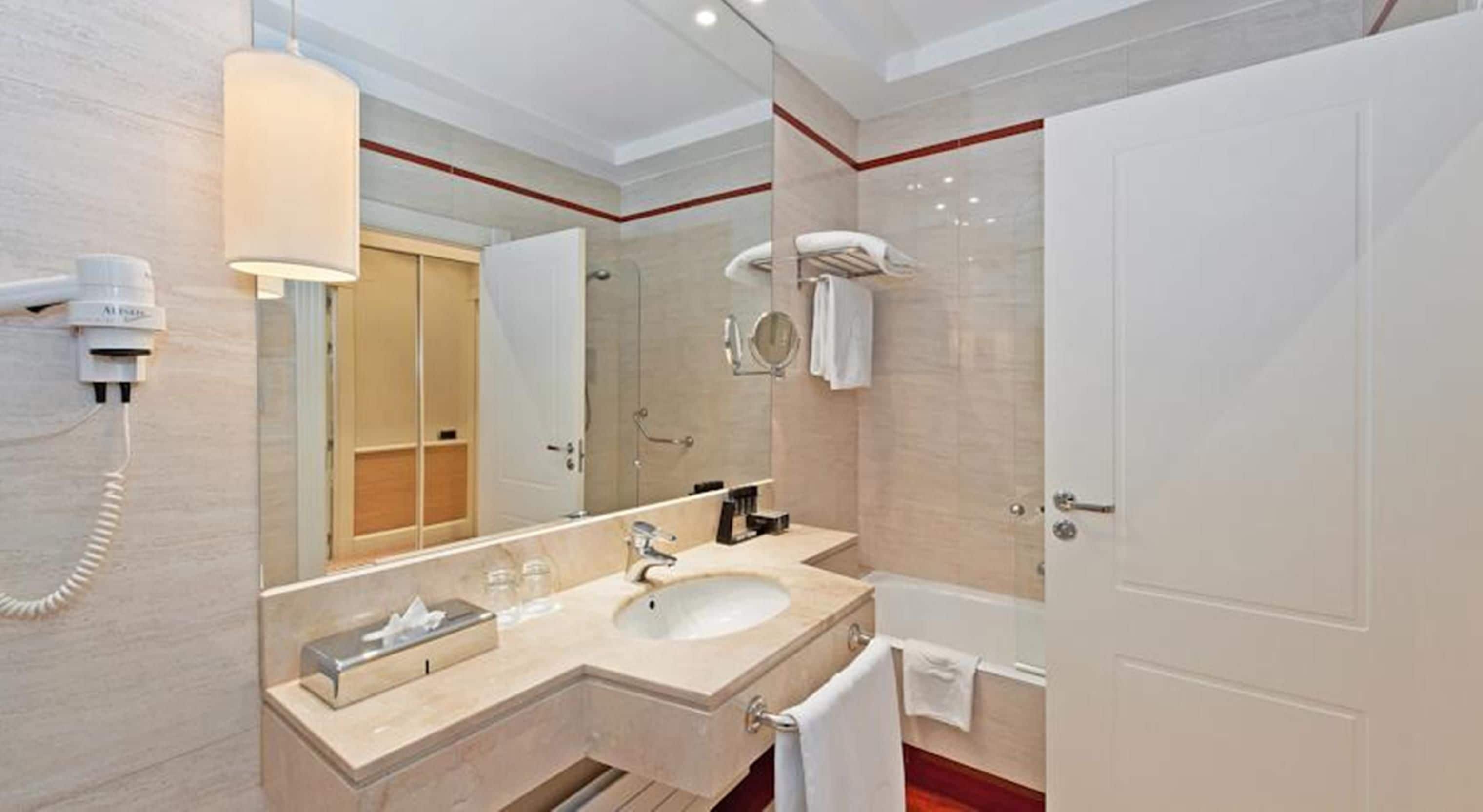 hair dryer, bidet, towels