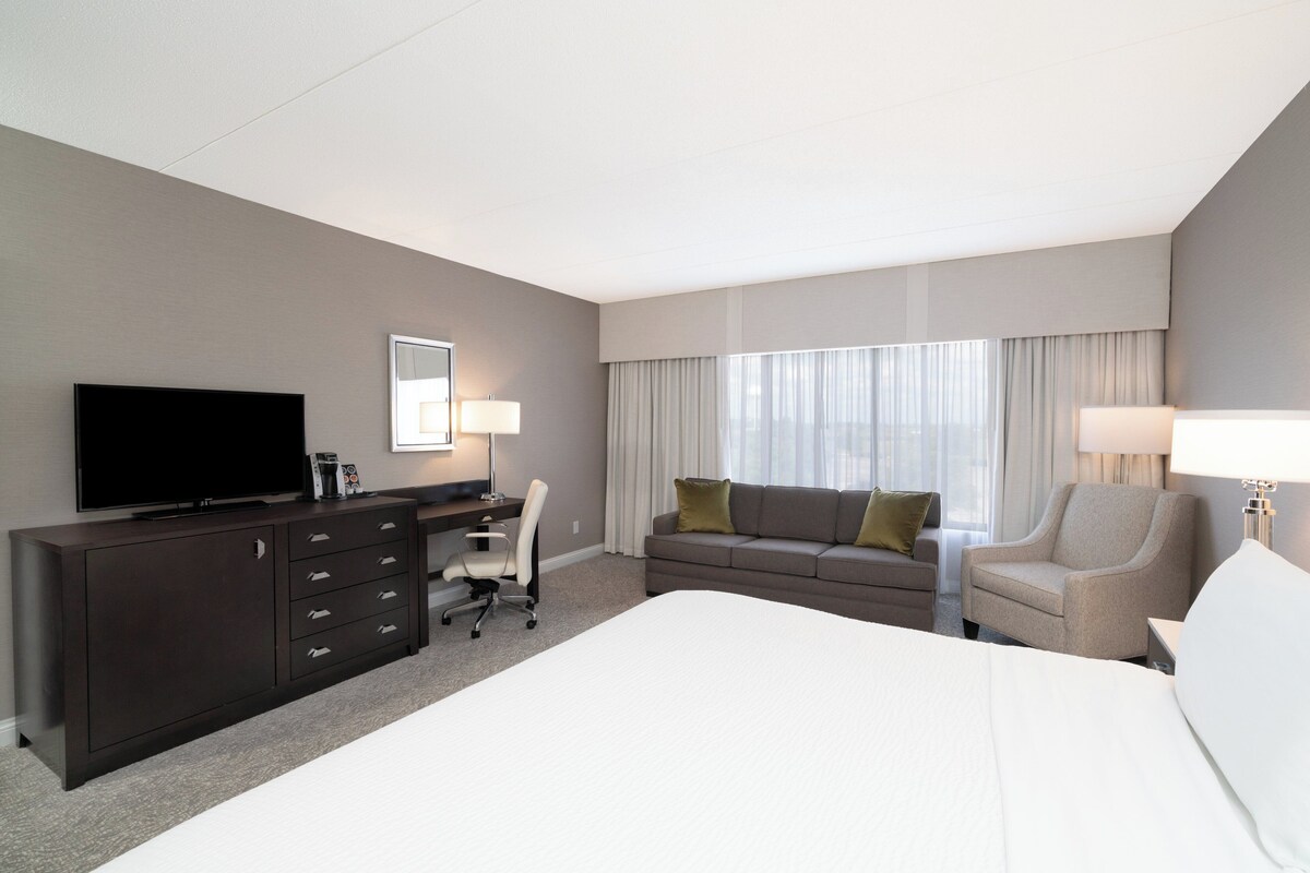 A hotel room with a bed, a desk, a television, a chair, and a sofa.