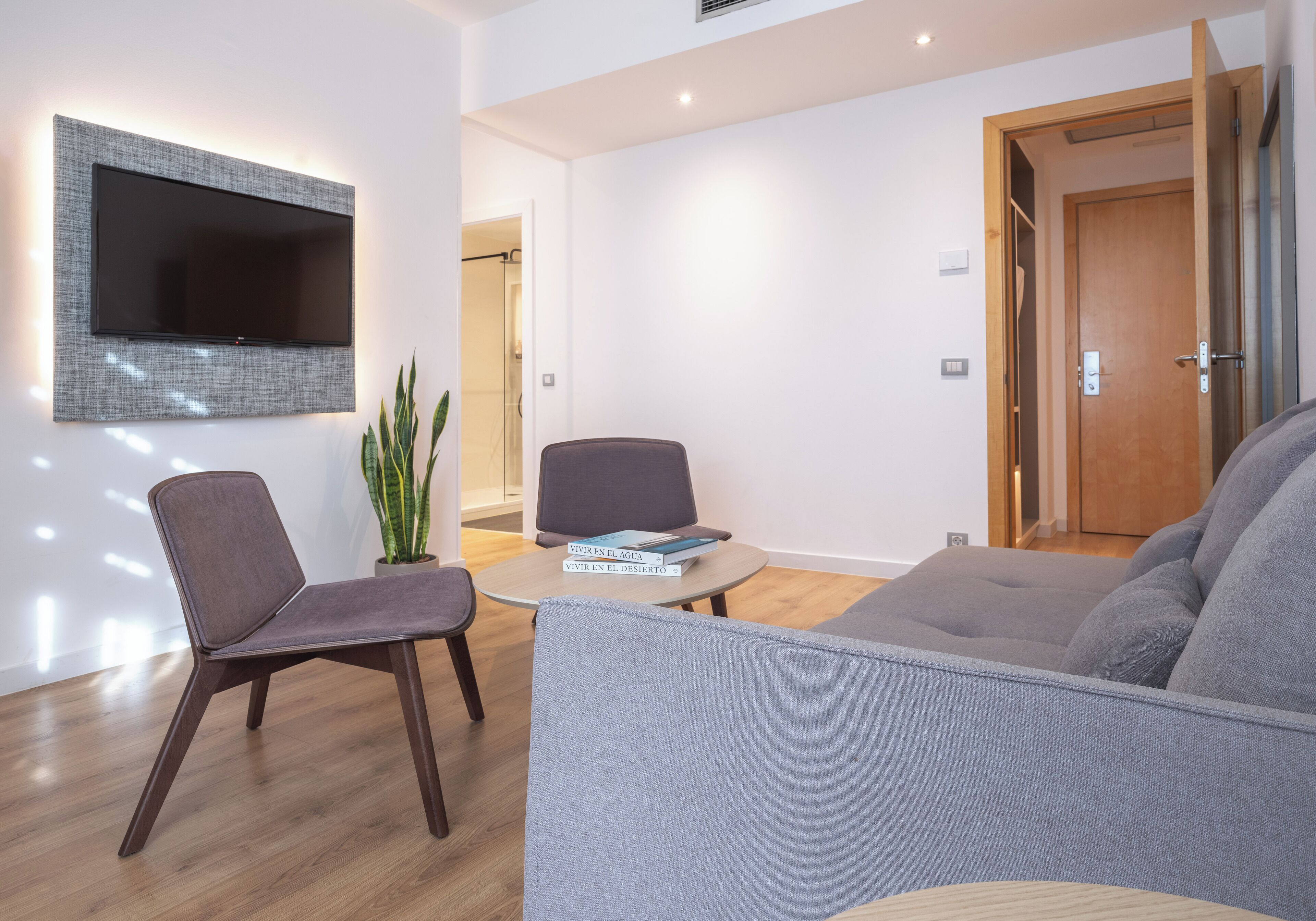 Un salon moderne avec un téléviseur à écran plat fixé au mur, un canapé gris, un fauteuil foncé et une petite table ronde sur laquelle sont posés des livres.