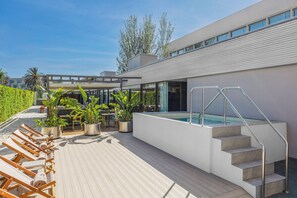 Ein Poolbereich auf dem Dach mit Liegestühlen, einem Pool und Topfpflanzen.