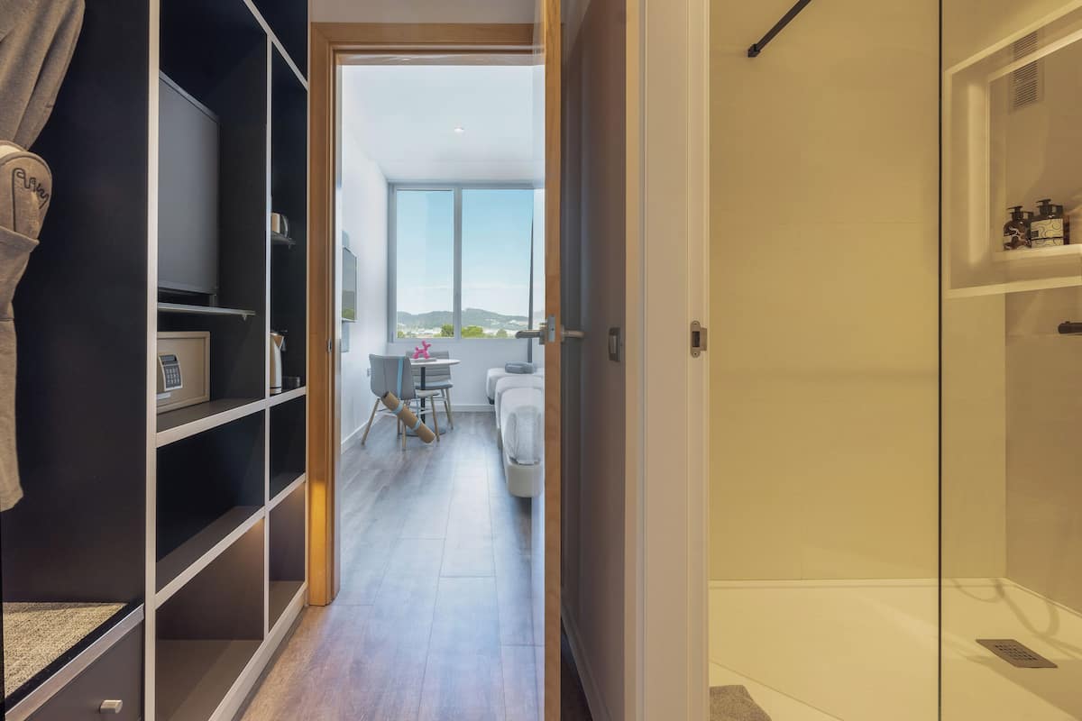 A modern hotel room with a walk-in closet, a shower area, and a view of the cityscape.