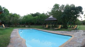 A swimming pool with lounge chairs and umbrellas, surrounded by trees and a stone pathway.