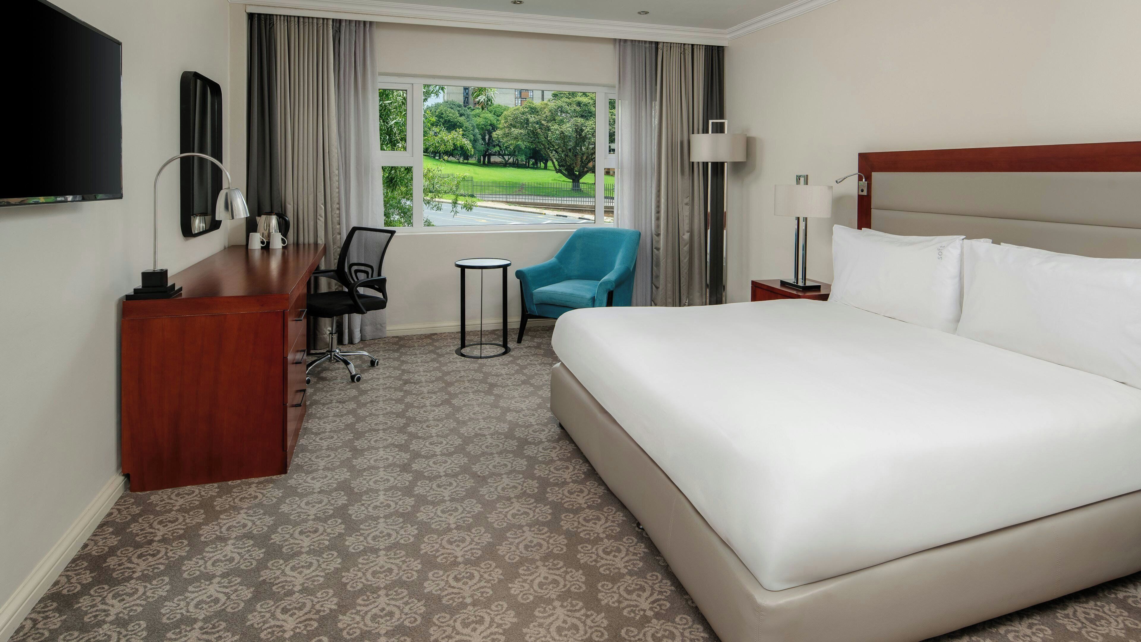 A hotel room with a large bed, a desk with a chair, a TV, and a window with a view of a park.