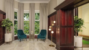 A room with two teal chairs, a floor lamp, and a large window with curtains. - Holiday Inn Johannesburg Sunnyside Park by IHG (Johannesburg)