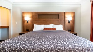 Ein Hotelzimmer mit einem großen Bett, zwei Nachttischen, einem hölzernen Kopfteil und zwei Wandleuchten.