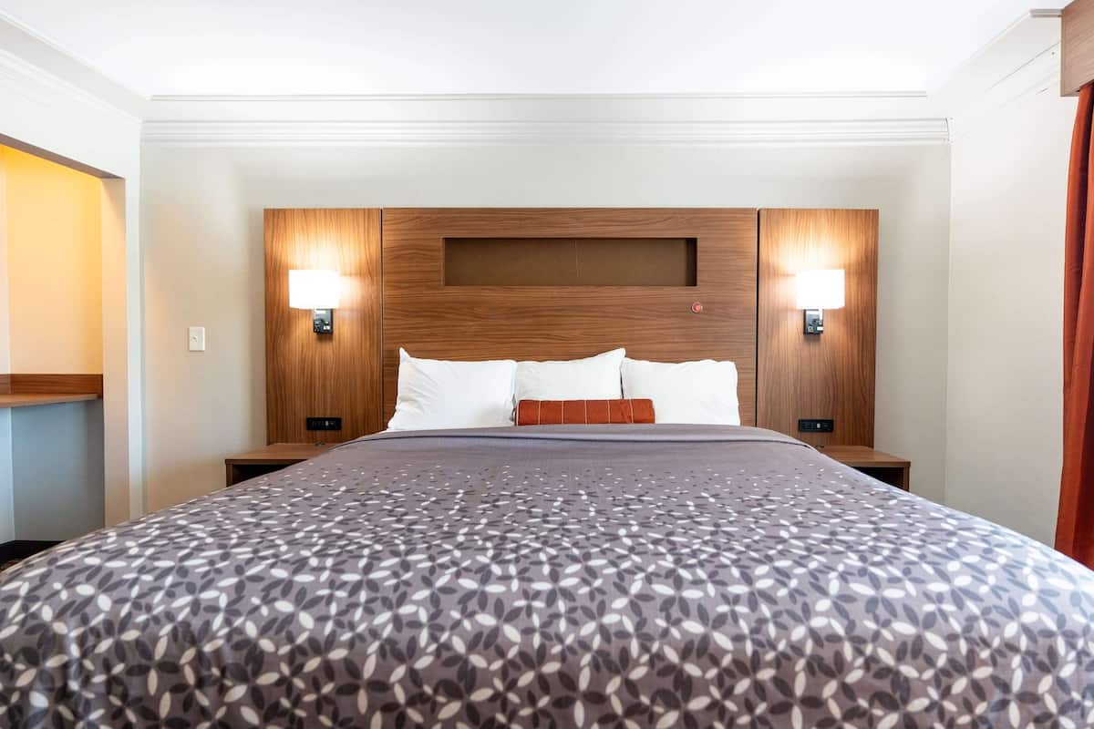 A hotel room with a large bed, two bedside tables, a wooden headboard, and two wall-mounted lamps.