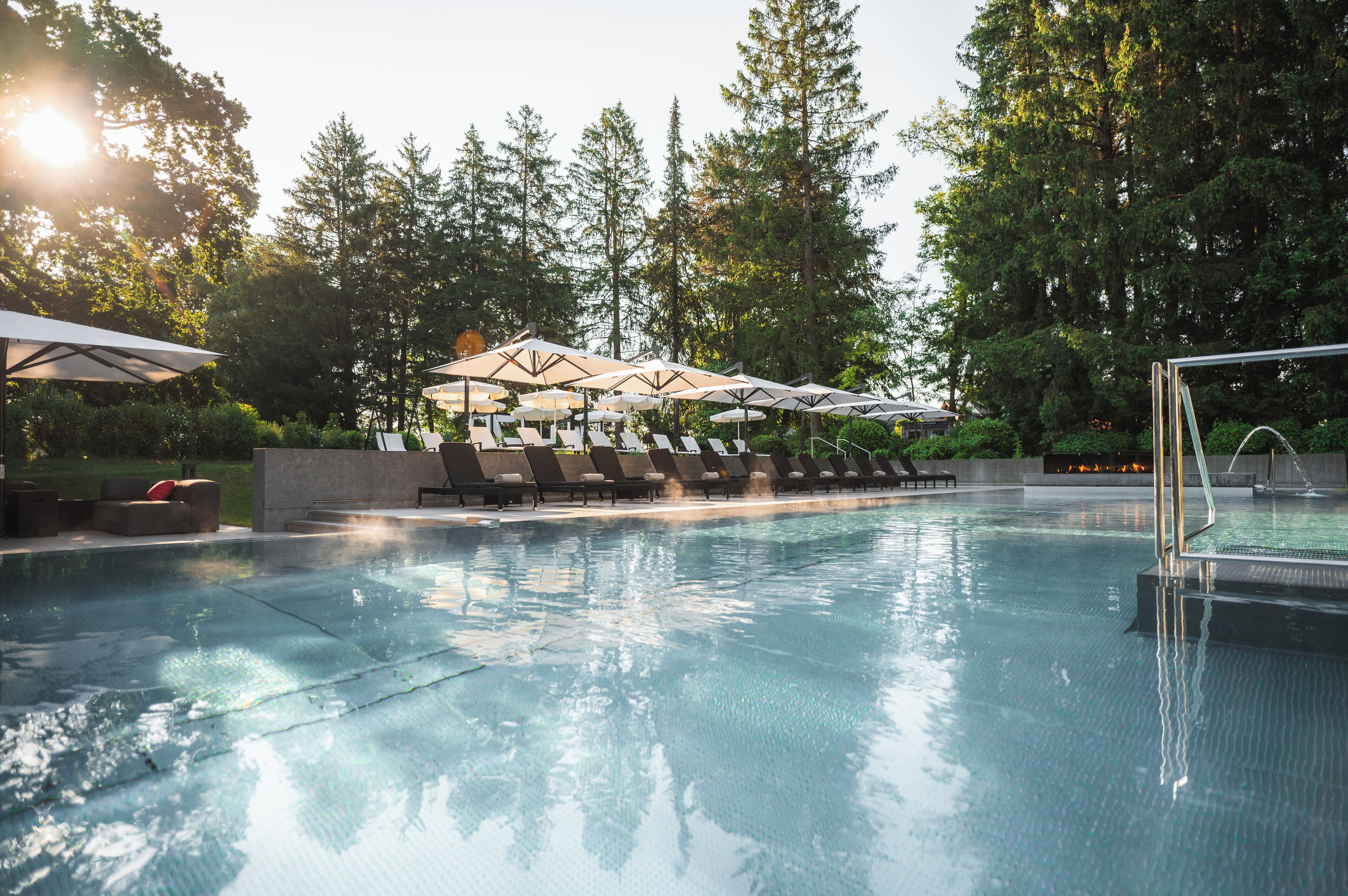A swimming pool with lounge chairs and umbrellas, surrounded by trees.