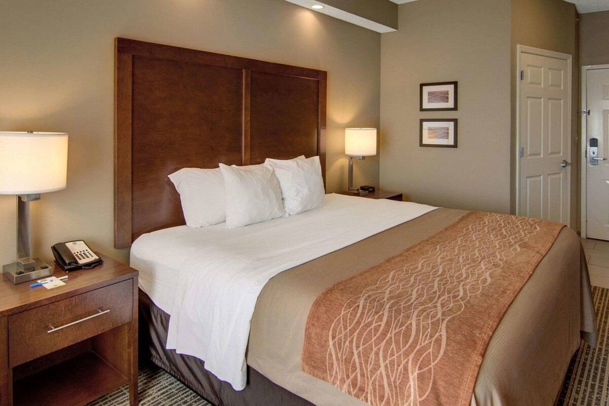 A hotel room with a large bed, two bedside lamps, a telephone, and a door.