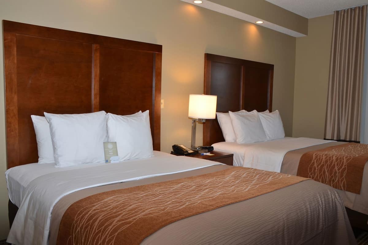A hotel room with two beds, a nightstand with a lamp, and a telephone.