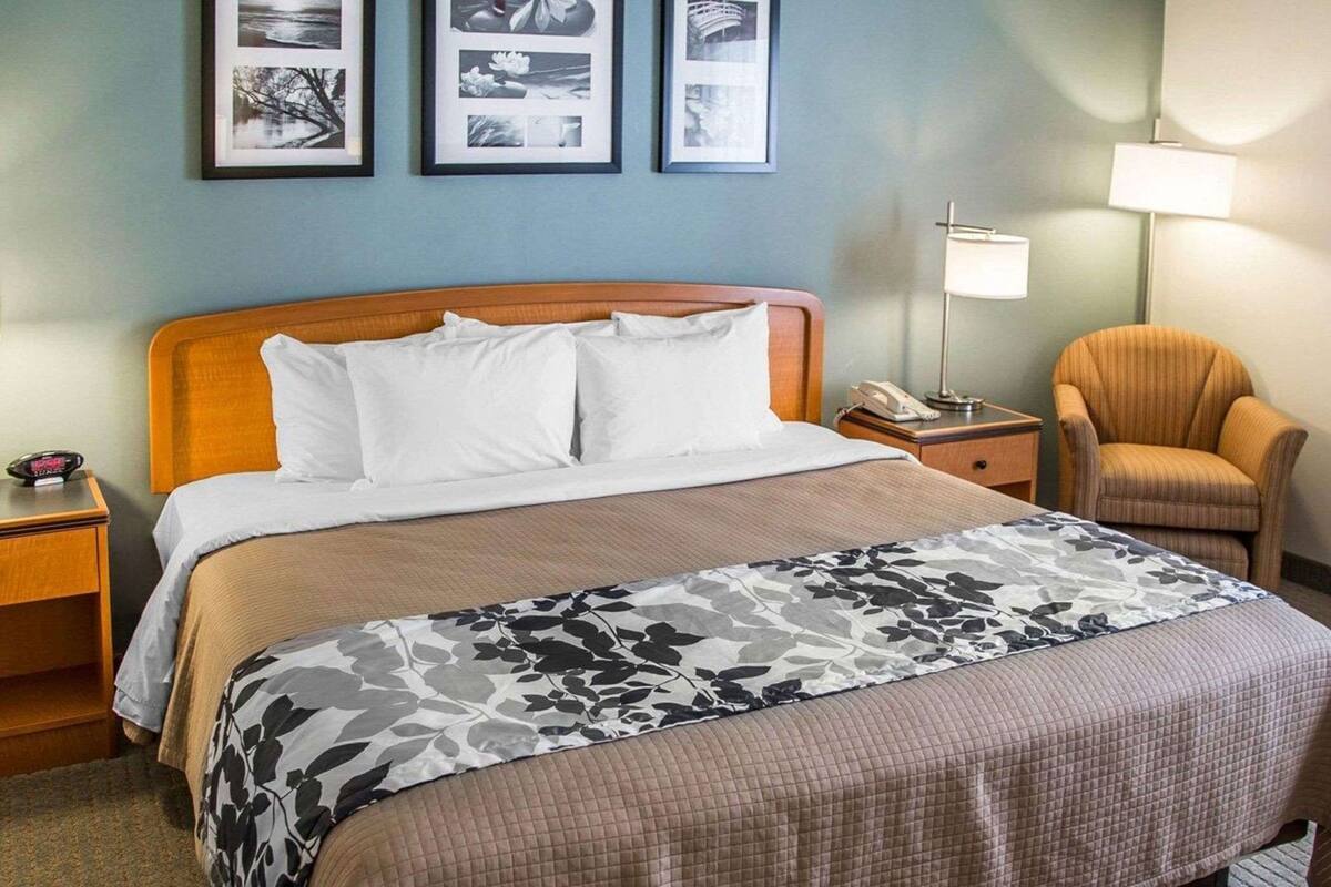 Una habitación de hotel con cama, una silla, una mesita de noche, una lámpara y cuadros en la pared.