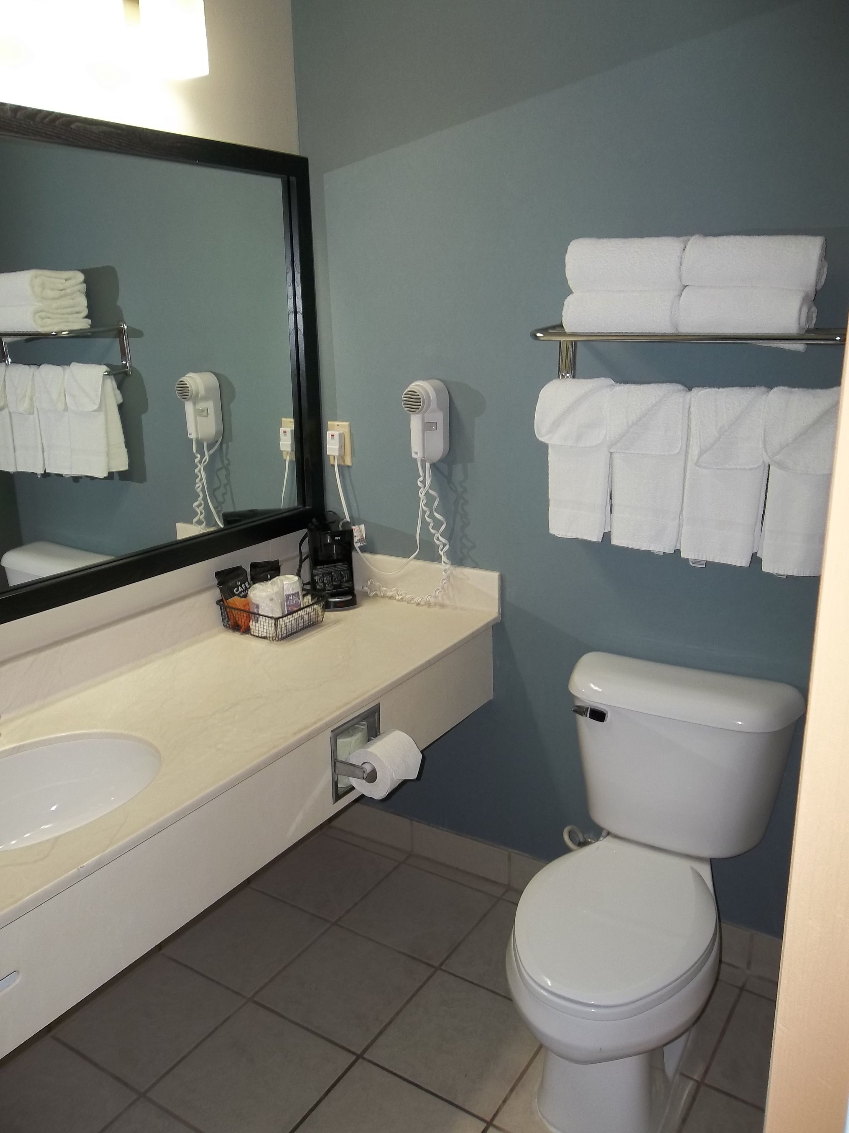 combined shower/bathtub, free toiletries, hair dryer, towels