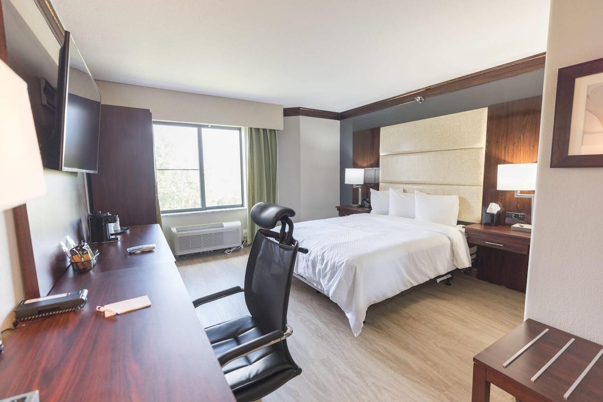 A hotel room with a bed, desk, chair, TV, and a window with curtains.