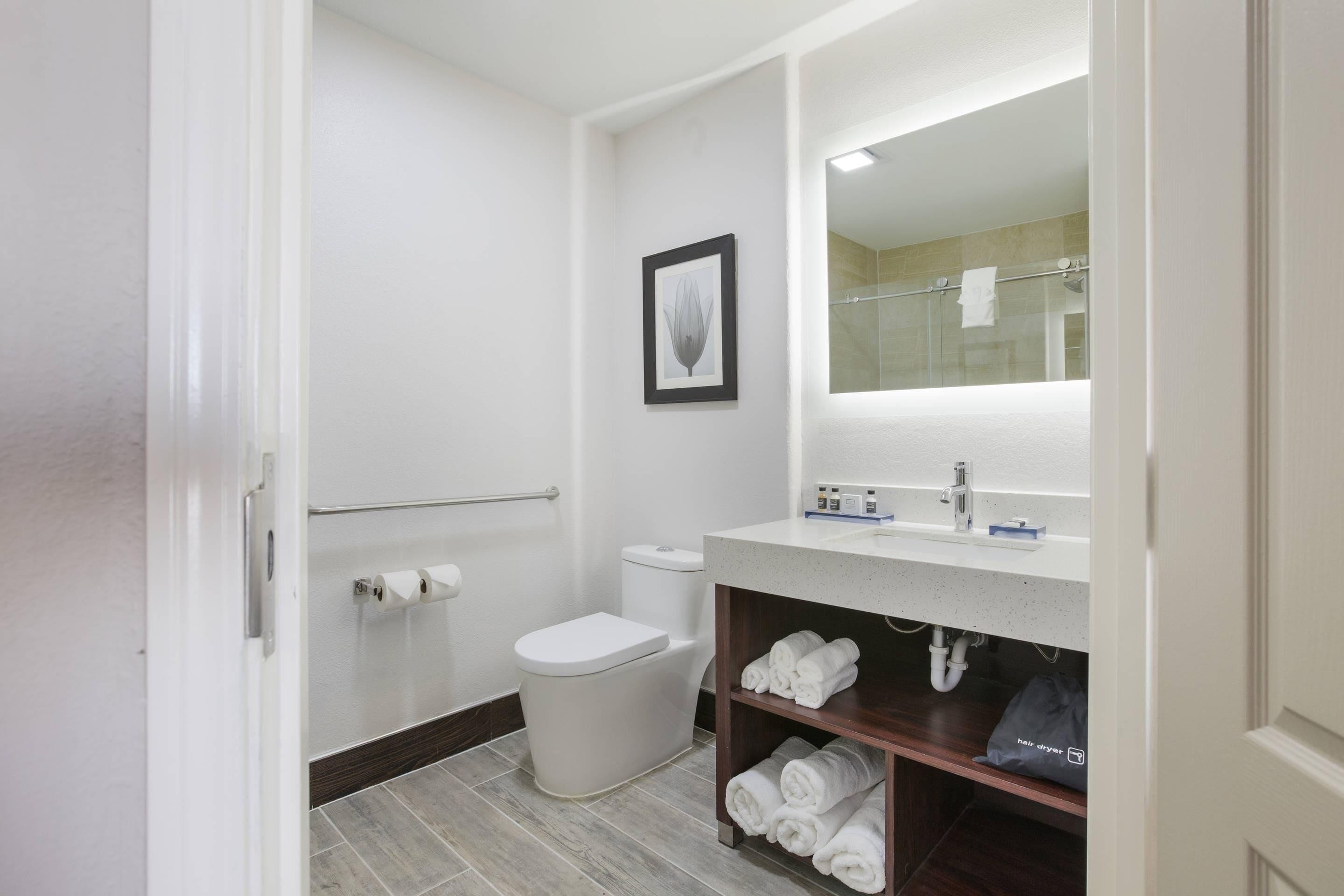 A modern bathroom with a toilet, sink, and mirror.