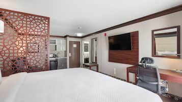 In-room safe, desk, laptop workspace, blackout curtains