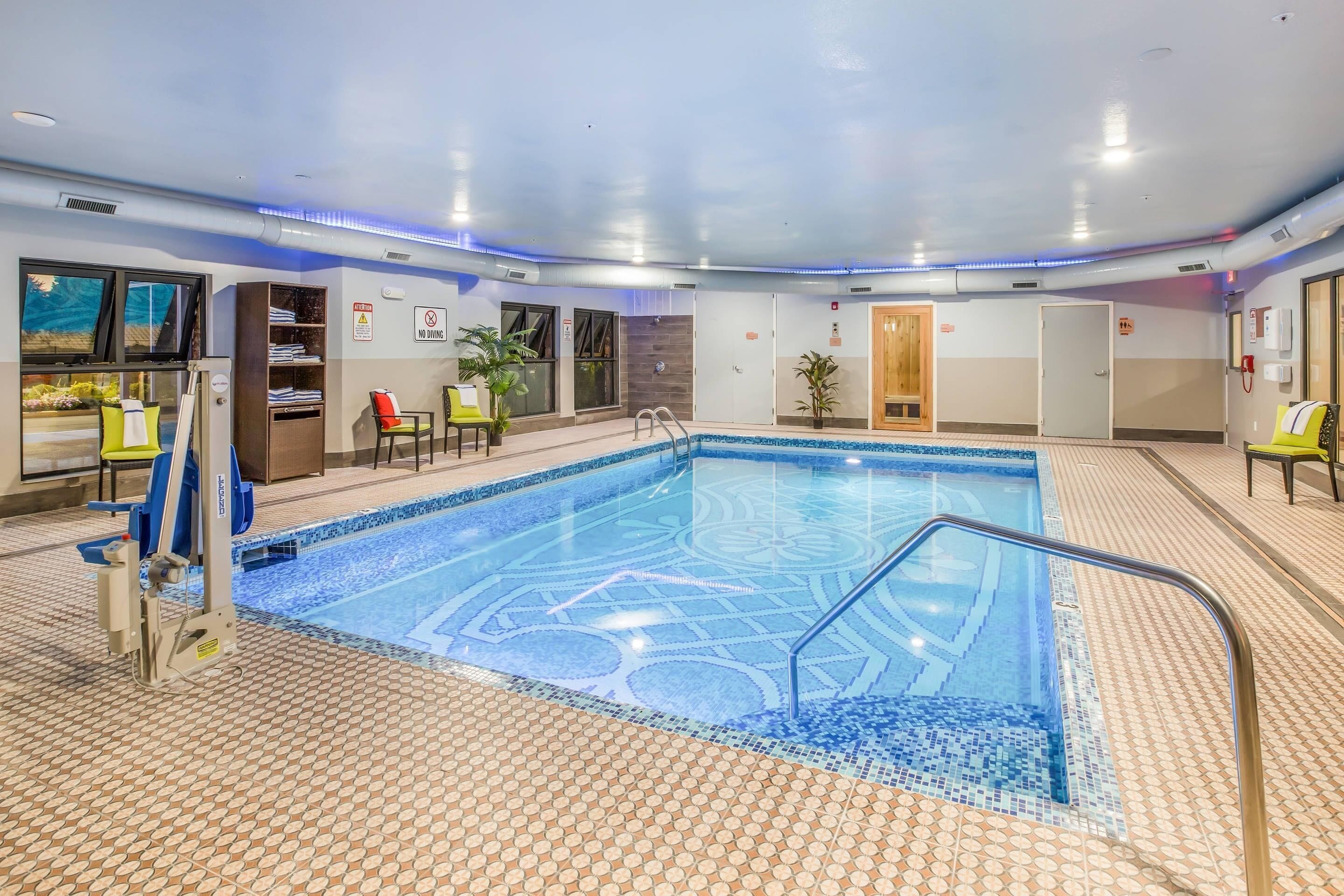 Indoor pool, open 10:00 AM to midnight, sun loungers