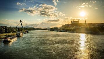A river with boats, a bridge, and a castle in the background.
